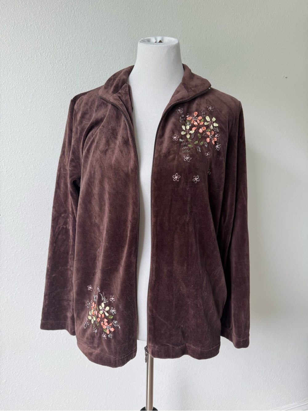 Brown Velvet Floral Embroidered Zip Jacket